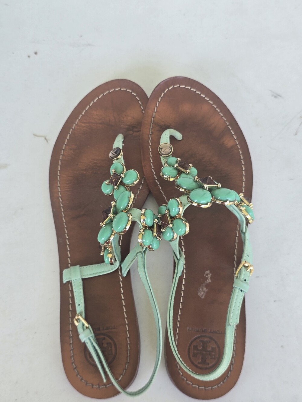 Tory Burch Mint Green Jeweled Floral Thong Sandals Leather Size 9.5M - Picture 2 of 10